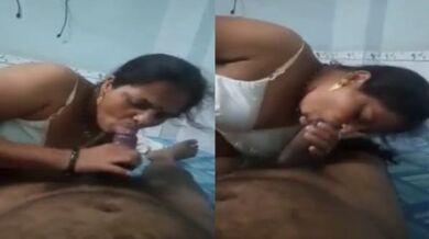 Salem aunty in white bra gives juicy blowjob to lover in bed