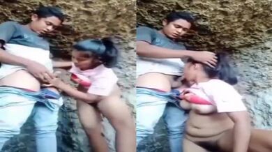 Bengali big boobs girl gives blowjob to lover in mountains